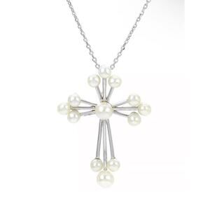 Pearl Cross Pendant Necklace (3-4.5mm) Sterling Silver Faith Stunning Intricate